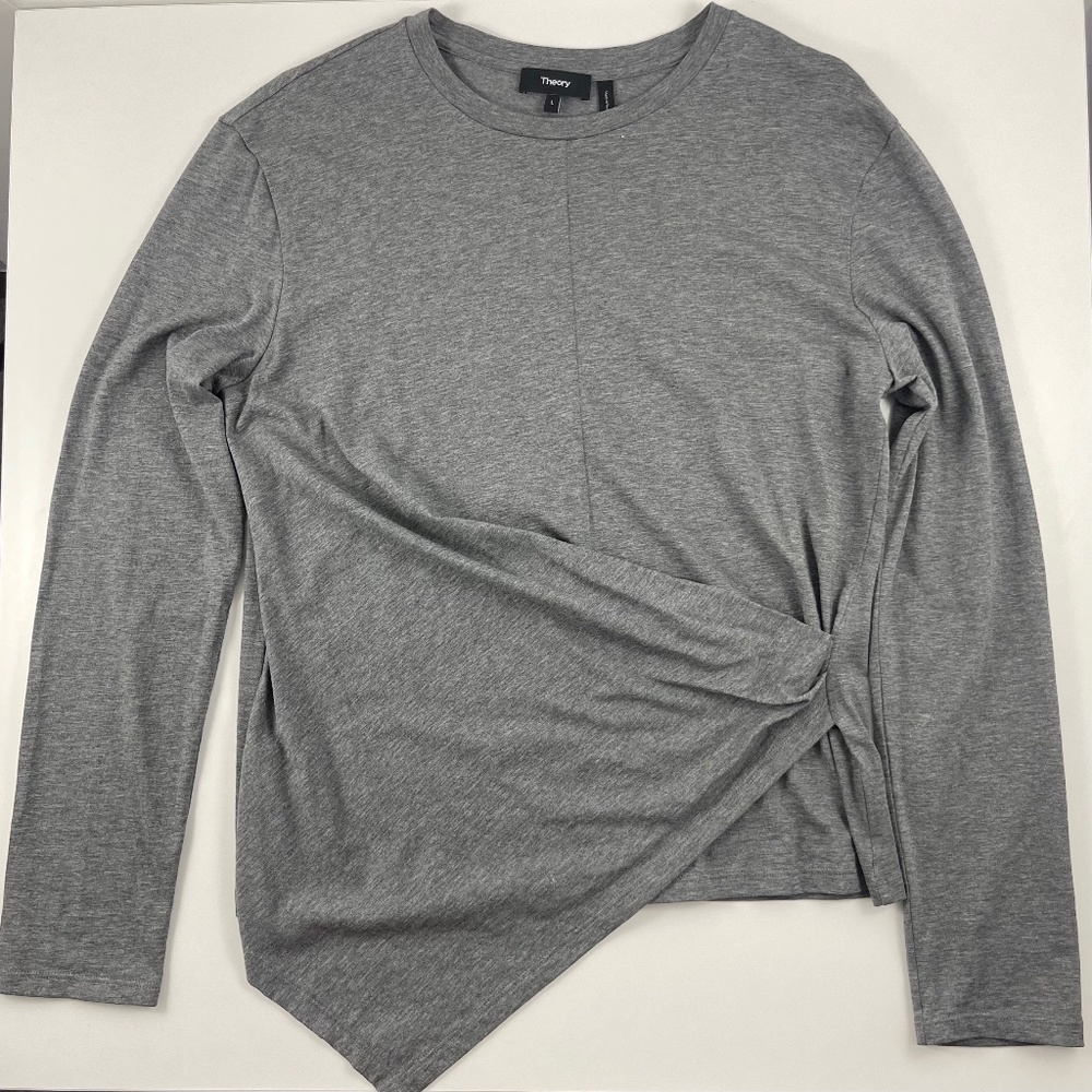 Theory Women Side Tie Knotted Pullover Top Grey Jersey Large